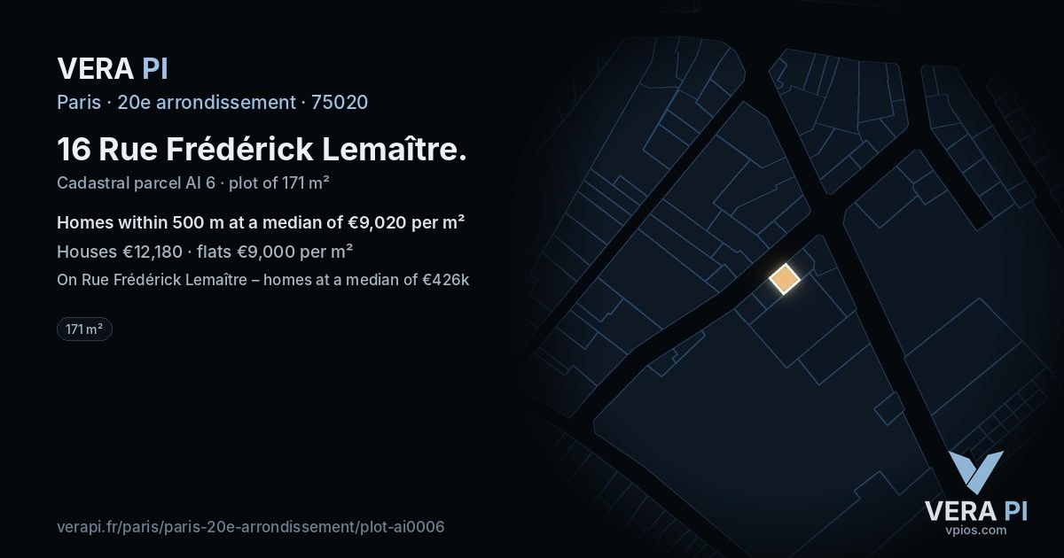 16 Rue Frédérick Lemaître, 20e arrondissement at night – the plot lit, the parcels around coloured by the prices near them