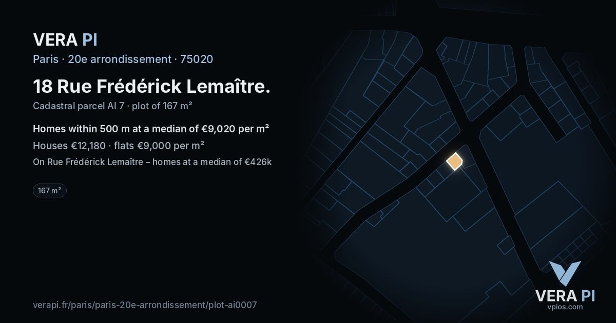 18 Rue Frédérick Lemaître, 20e arrondissement at night – the plot lit, the parcels around coloured by the prices near them