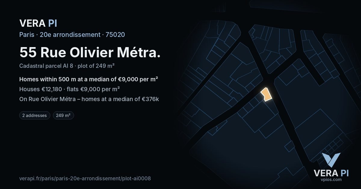 55 Rue Olivier Métra, 20e arrondissement at night – the plot lit, the parcels around coloured by the prices near them