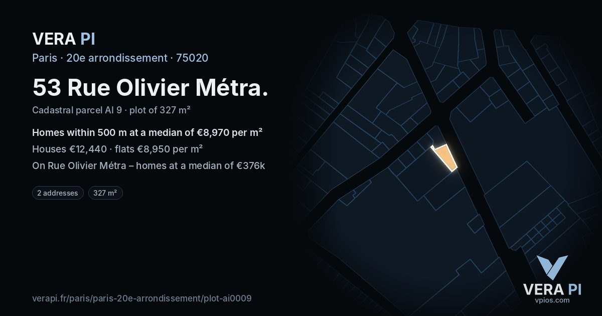 53 Rue Olivier Métra, 20e arrondissement at night – the plot lit, the parcels around coloured by the prices near them