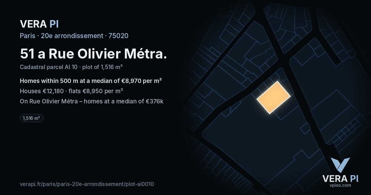51 a Rue Olivier Métra, 20e arrondissement at night – the plot lit, the parcels around coloured by the prices near them