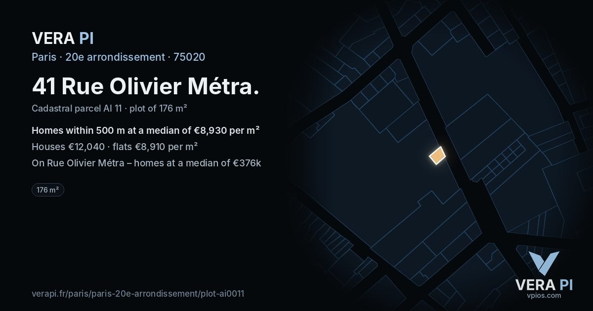 41 Rue Olivier Métra, 20e arrondissement at night – the plot lit, the parcels around coloured by the prices near them