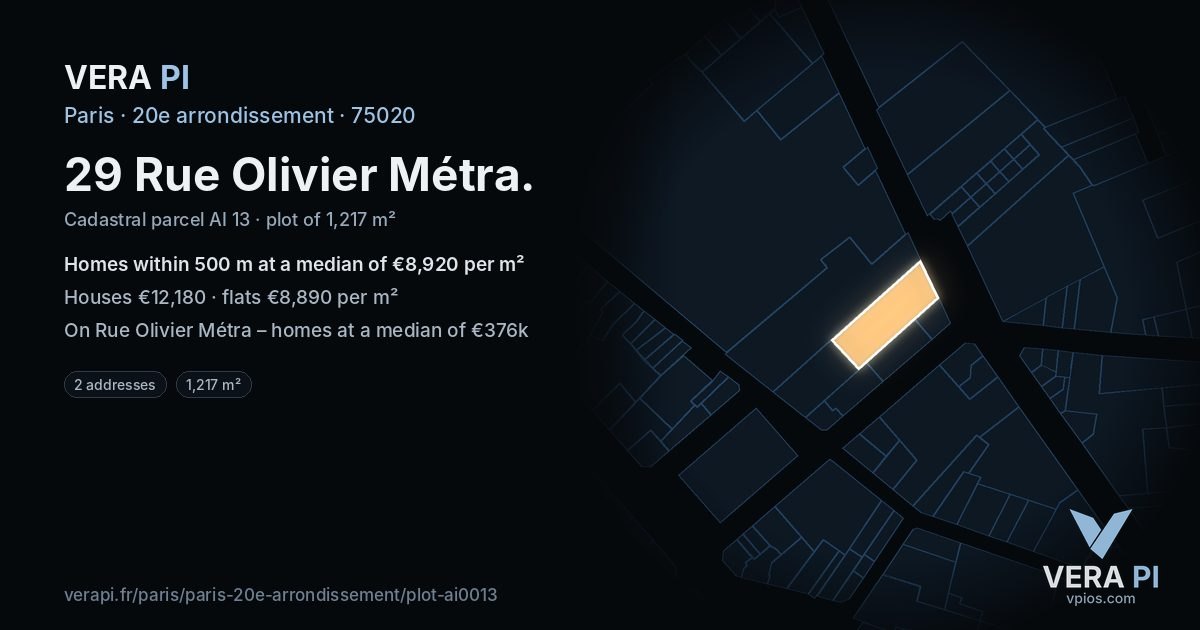 29 Rue Olivier Métra, 20e arrondissement at night – the plot lit, the parcels around coloured by the prices near them