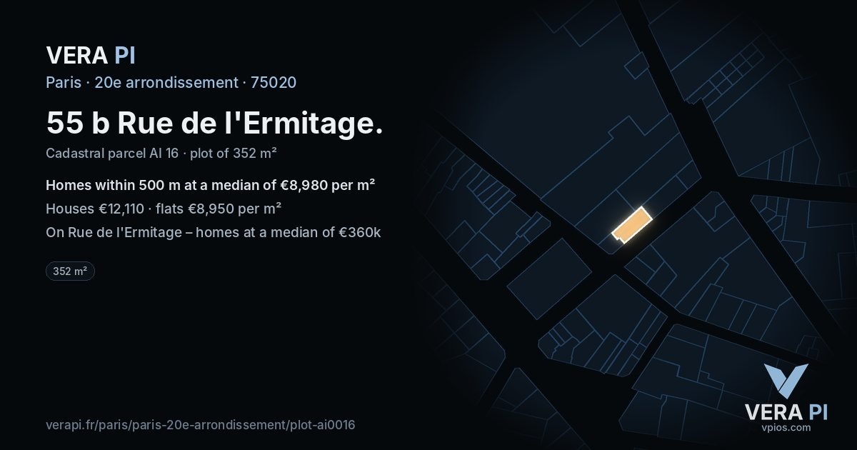 55 b Rue de l'Ermitage, 20e arrondissement at night – the plot lit, the parcels around coloured by the prices near them