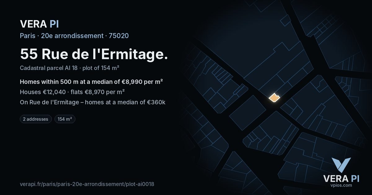55 Rue de l'Ermitage, 20e arrondissement at night – the plot lit, the parcels around coloured by the prices near them