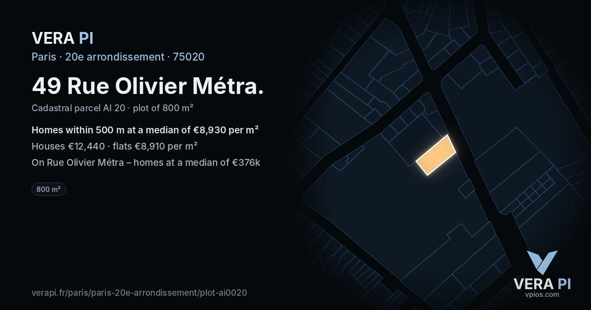 49 Rue Olivier Métra, 20e arrondissement at night – the plot lit, the parcels around coloured by the prices near them