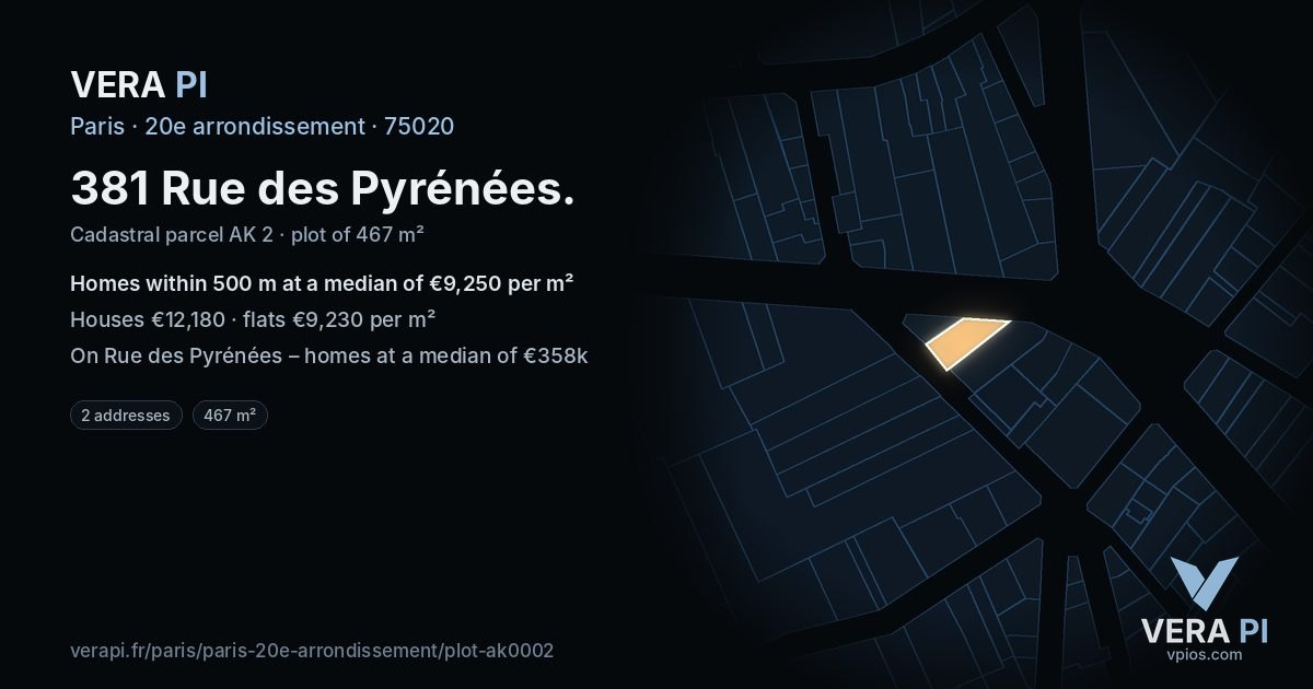 381 Rue des Pyrénées, 20e arrondissement at night – the plot lit, the parcels around coloured by the prices near them