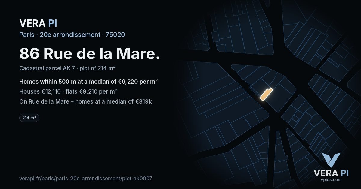 86 Rue de la Mare, 20e arrondissement at night – the plot lit, the parcels around coloured by the prices near them