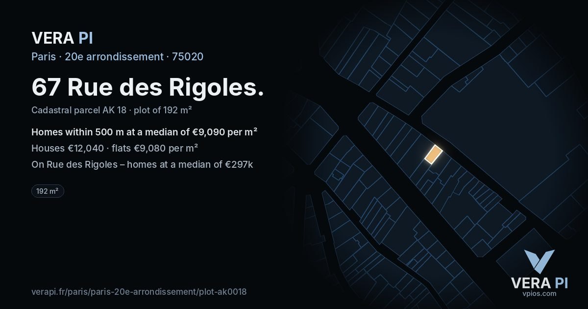 67 Rue des Rigoles, 20e arrondissement at night – the plot lit, the parcels around coloured by the prices near them