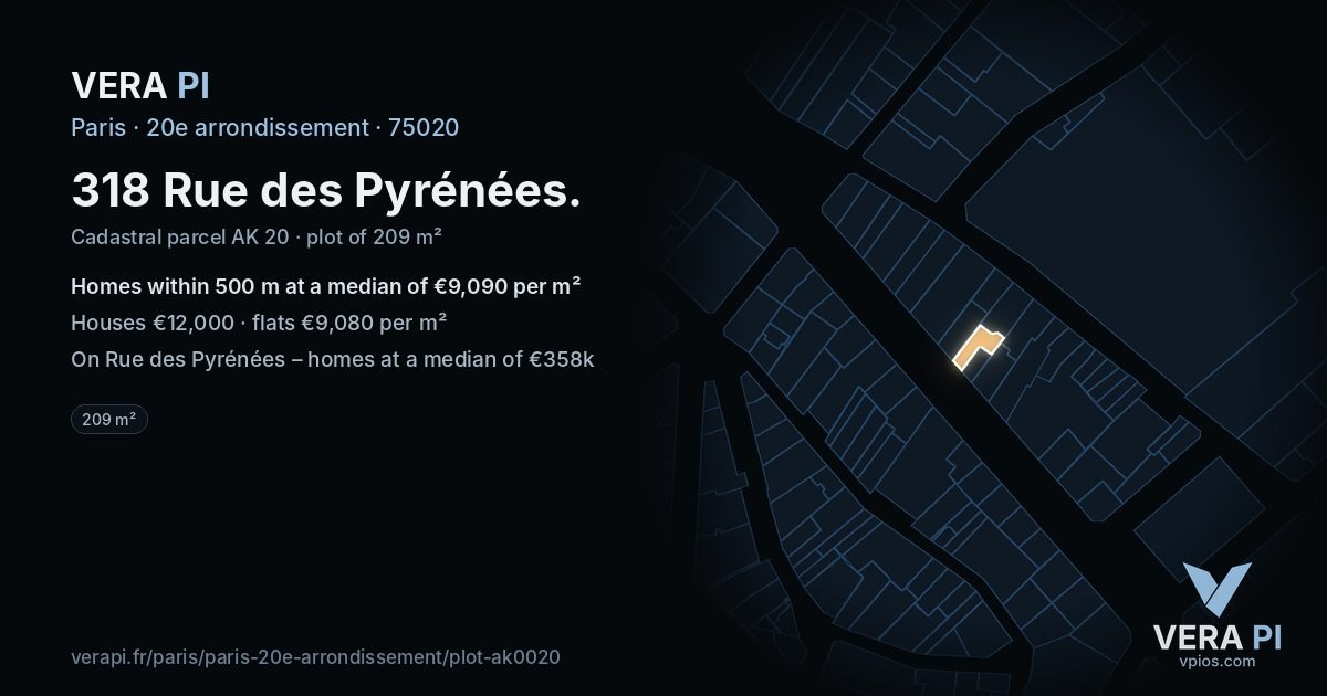 318 Rue des Pyrénées, 20e arrondissement at night – the plot lit, the parcels around coloured by the prices near them