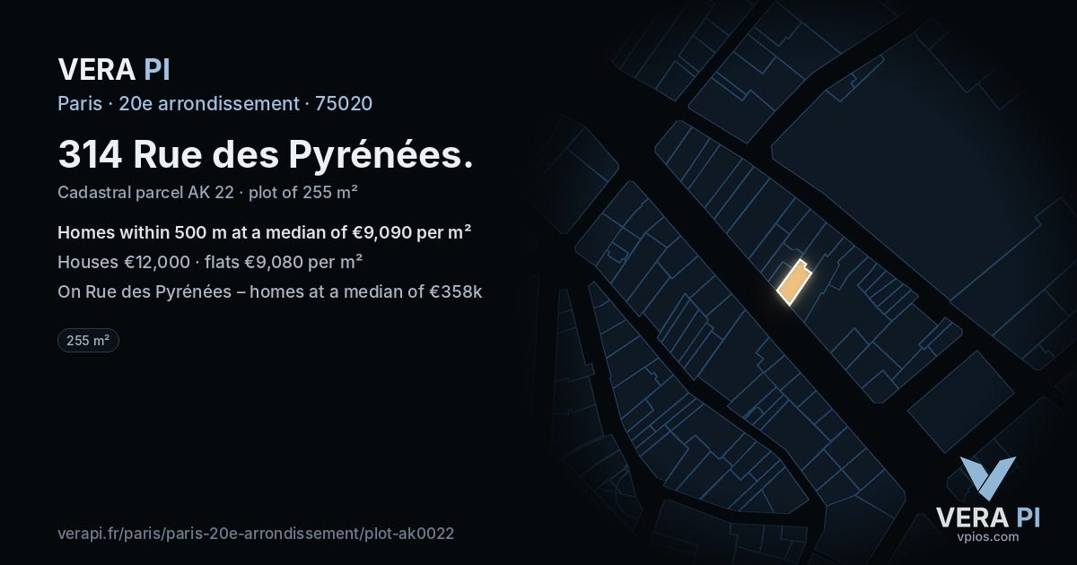 314 Rue des Pyrénées, 20e arrondissement at night – the plot lit, the parcels around coloured by the prices near them