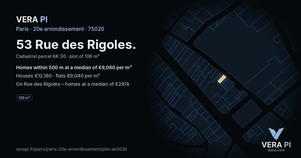53 Rue des Rigoles, 20e arrondissement at night – the plot lit, the parcels around coloured by the prices near them
