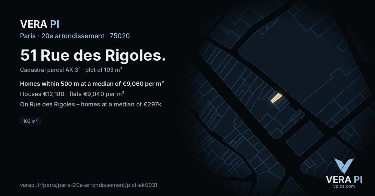 51 Rue des Rigoles, 20e arrondissement at night – the plot lit, the parcels around coloured by the prices near them