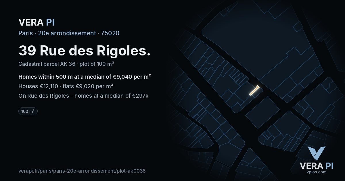 39 Rue des Rigoles, 20e arrondissement at night – the plot lit, the parcels around coloured by the prices near them