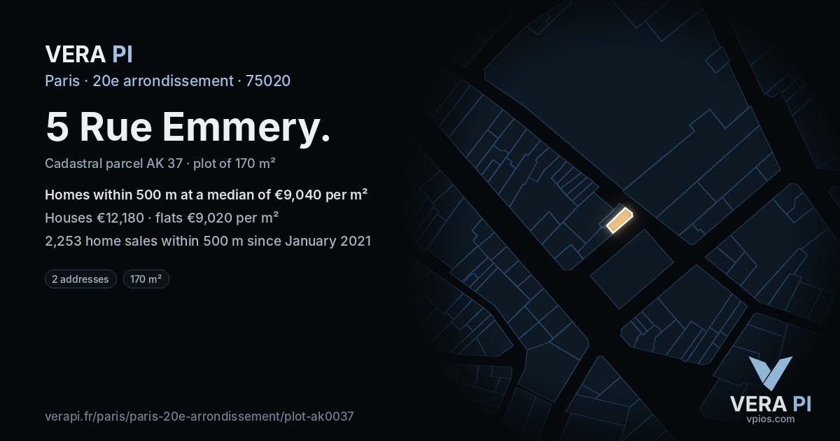 5 Rue Emmery, 20e arrondissement at night – the plot lit, the parcels around coloured by the prices near them