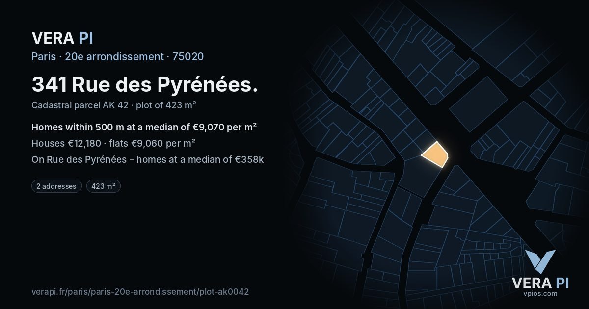 341 Rue des Pyrénées, 20e arrondissement at night – the plot lit, the parcels around coloured by the prices near them