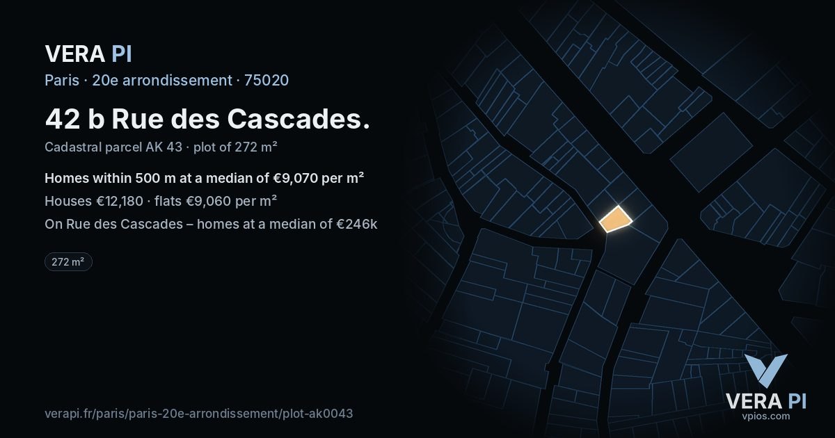 42 b Rue des Cascades, 20e arrondissement at night – the plot lit, the parcels around coloured by the prices near them