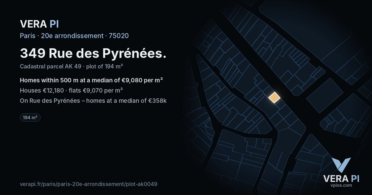 349 Rue des Pyrénées, 20e arrondissement at night – the plot lit, the parcels around coloured by the prices near them