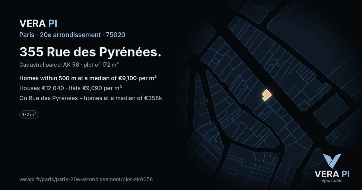 355 Rue des Pyrénées, 20e arrondissement at night – the plot lit, the parcels around coloured by the prices near them