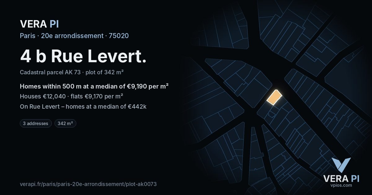 4 b Rue Levert, 20e arrondissement at night – the plot lit, the parcels around coloured by the prices near them