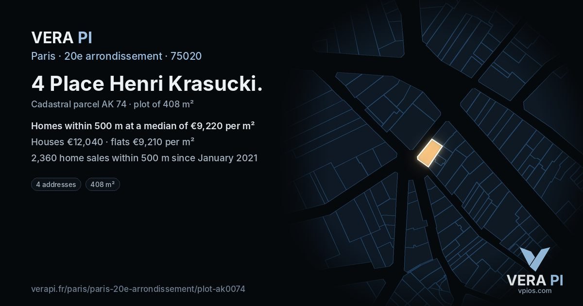 4 Place Henri Krasucki, 20e arrondissement at night – the plot lit, the parcels around coloured by the prices near them