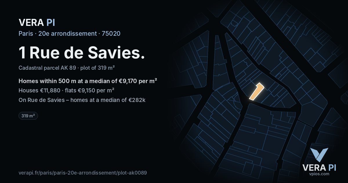 1 Rue de Savies, 20e arrondissement at night – the plot lit, the parcels around coloured by the prices near them