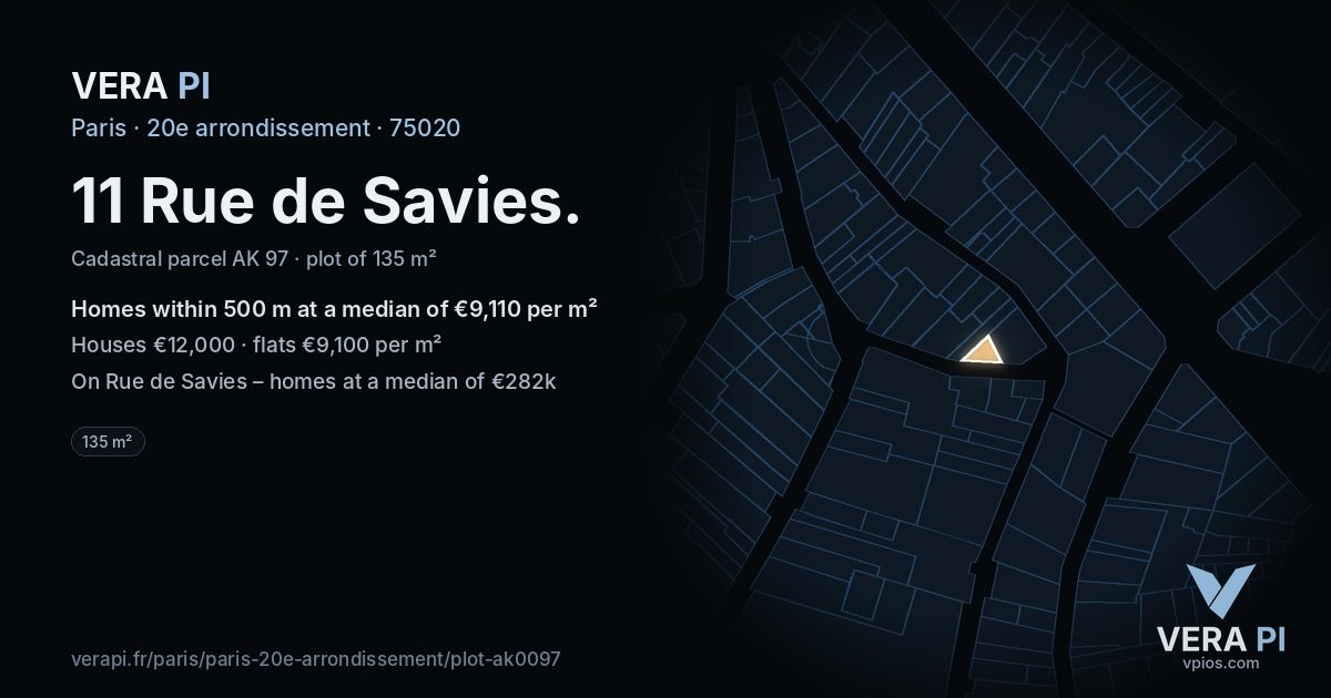 11 Rue de Savies, 20e arrondissement at night – the plot lit, the parcels around coloured by the prices near them