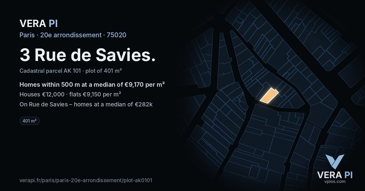 3 Rue de Savies, 20e arrondissement at night – the plot lit, the parcels around coloured by the prices near them