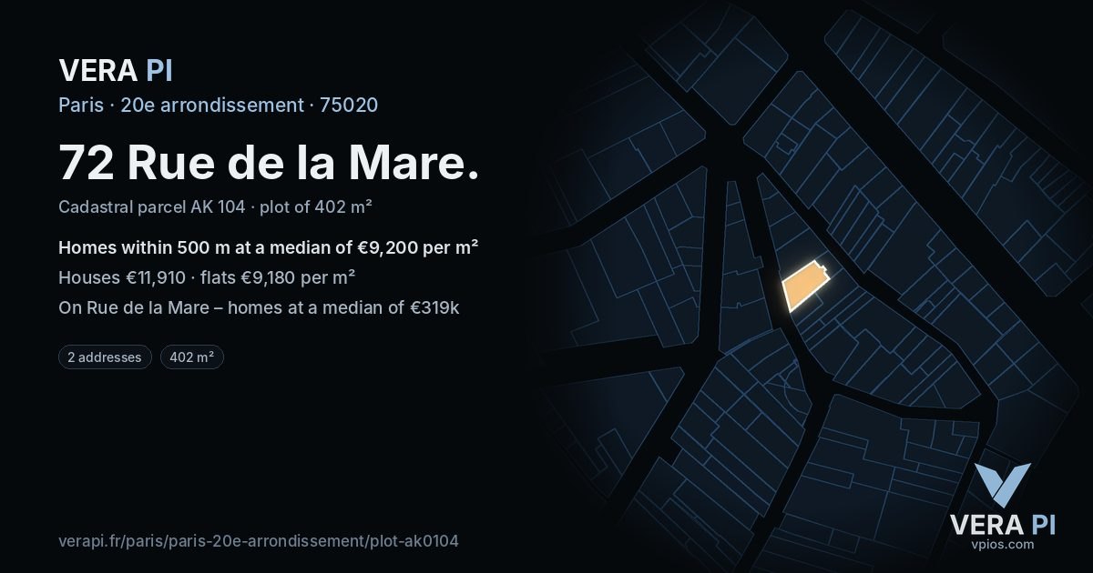 72 Rue de la Mare, 20e arrondissement at night – the plot lit, the parcels around coloured by the prices near them