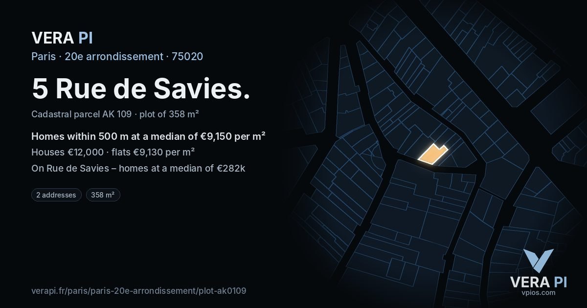 5 Rue de Savies, 20e arrondissement at night – the plot lit, the parcels around coloured by the prices near them