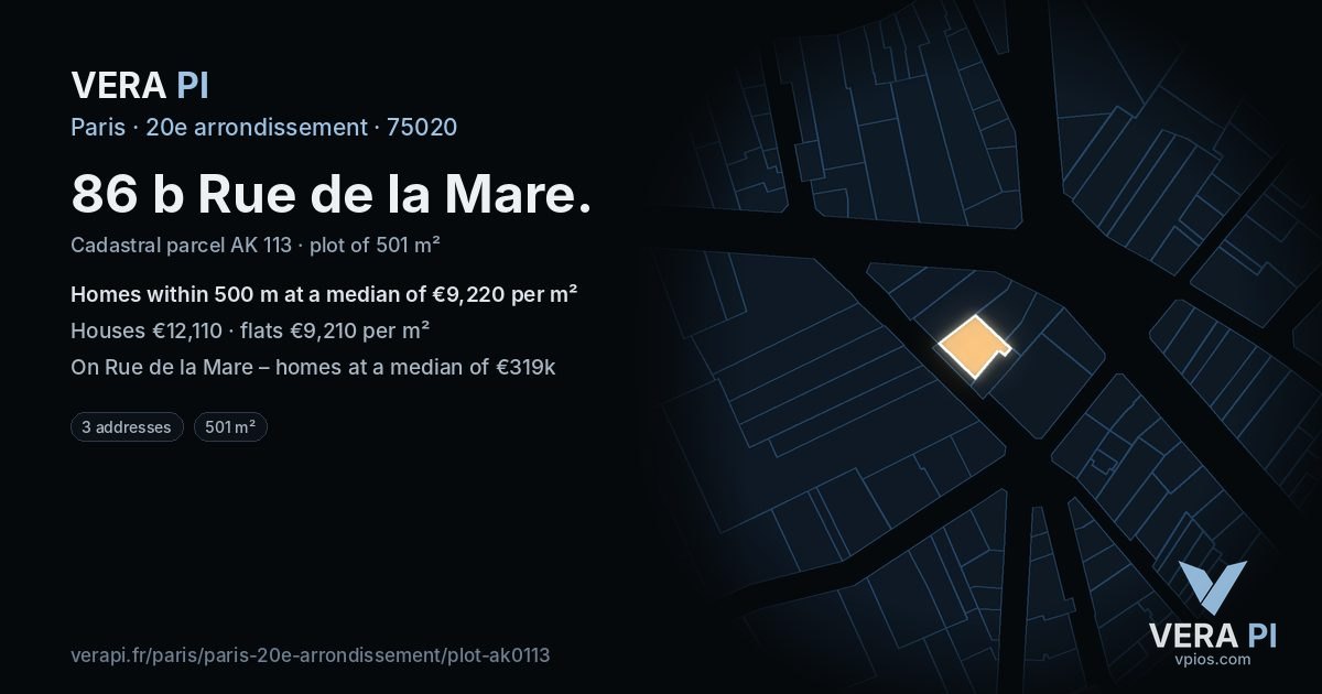 86 b Rue de la Mare, 20e arrondissement at night – the plot lit, the parcels around coloured by the prices near them