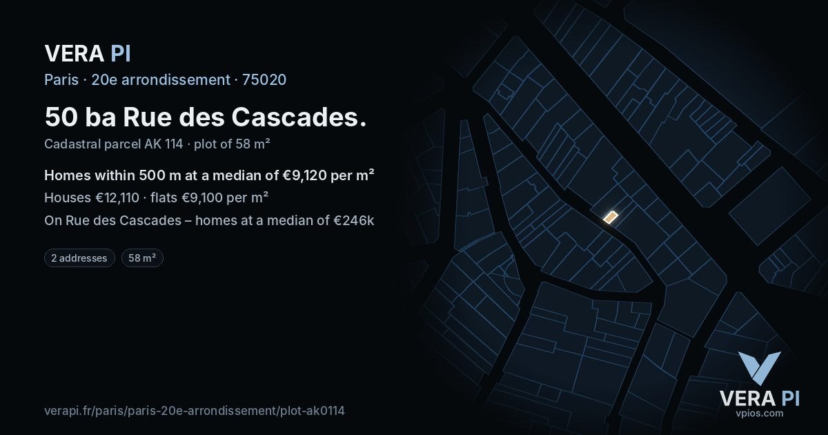 50 ba Rue des Cascades, 20e arrondissement at night – the plot lit, the parcels around coloured by the prices near them
