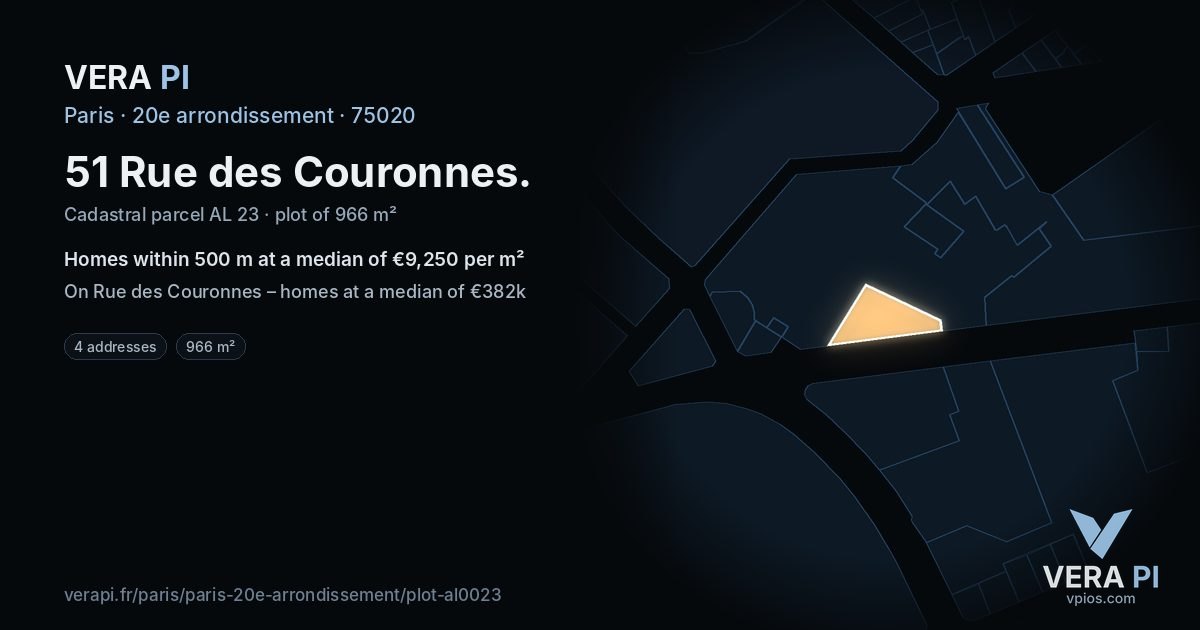 51 Rue des Couronnes, 20e arrondissement at night – the plot lit, the parcels around coloured by the prices near them