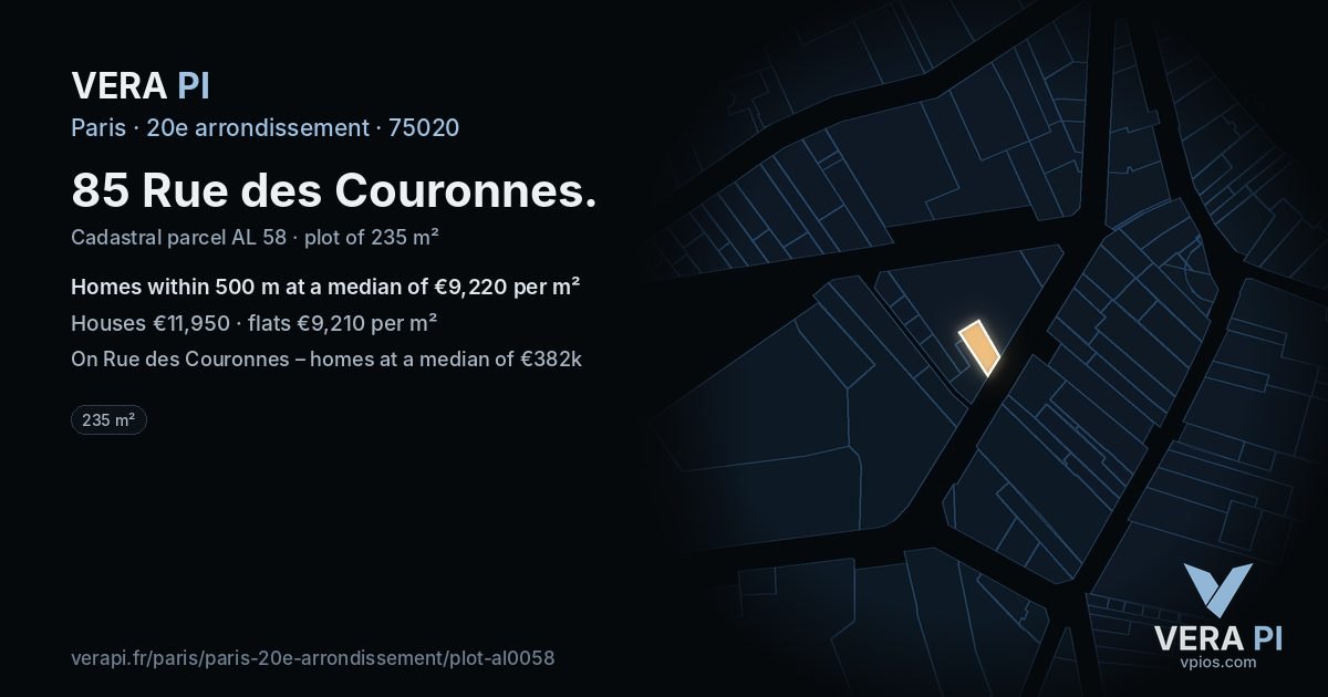 85 Rue des Couronnes, 20e arrondissement at night – the plot lit, the parcels around coloured by the prices near them