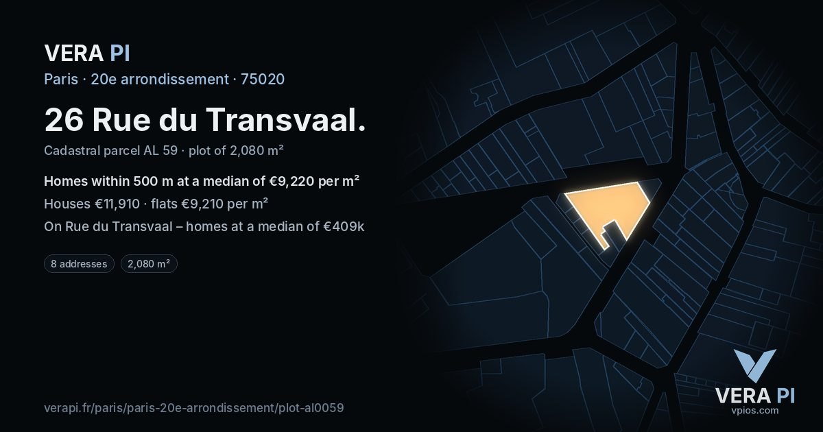 26 Rue du Transvaal, 20e arrondissement at night – the plot lit, the parcels around coloured by the prices near them