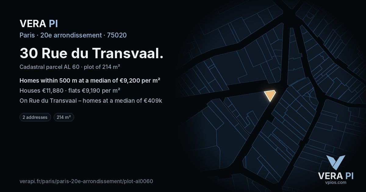 30 Rue du Transvaal, 20e arrondissement at night – the plot lit, the parcels around coloured by the prices near them