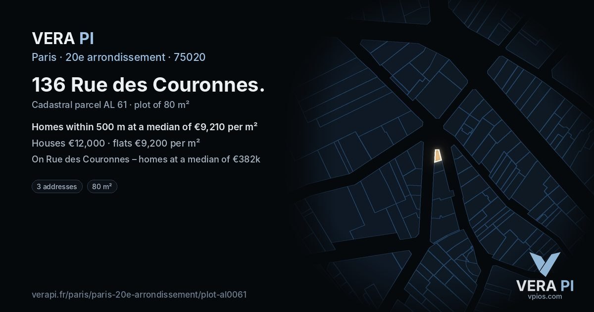 136 Rue des Couronnes, 20e arrondissement at night – the plot lit, the parcels around coloured by the prices near them