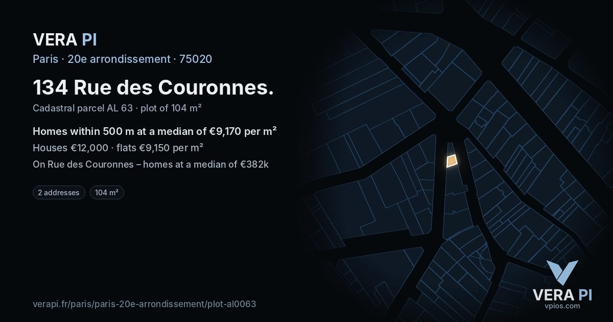 134 Rue des Couronnes, 20e arrondissement at night – the plot lit, the parcels around coloured by the prices near them