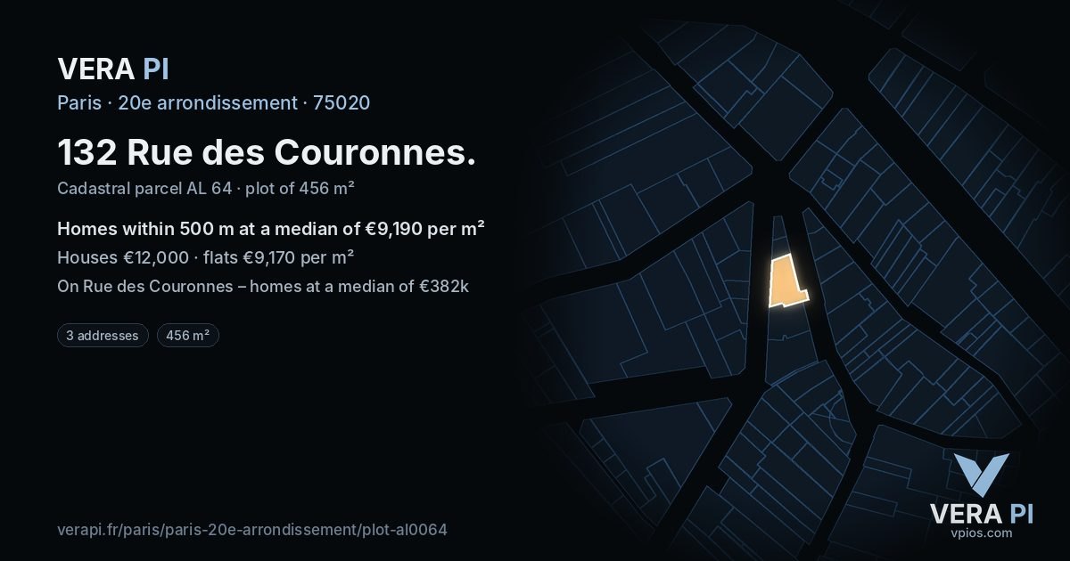 132 Rue des Couronnes, 20e arrondissement at night – the plot lit, the parcels around coloured by the prices near them