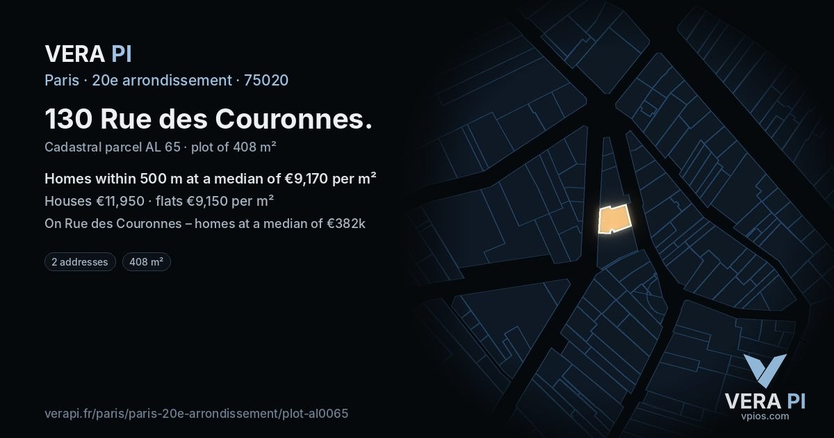 130 Rue des Couronnes, 20e arrondissement at night – the plot lit, the parcels around coloured by the prices near them