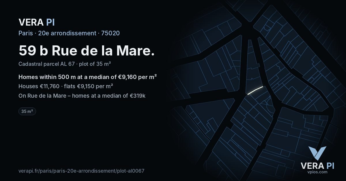 59 b Rue de la Mare, 20e arrondissement at night – the plot lit, the parcels around coloured by the prices near them
