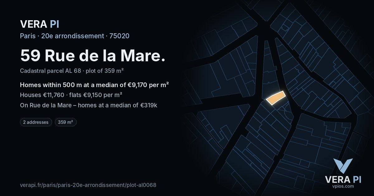59 Rue de la Mare, 20e arrondissement at night – the plot lit, the parcels around coloured by the prices near them