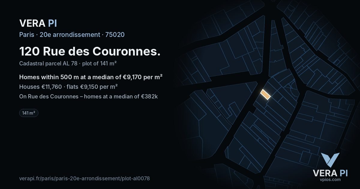 120 Rue des Couronnes, 20e arrondissement at night – the plot lit, the parcels around coloured by the prices near them