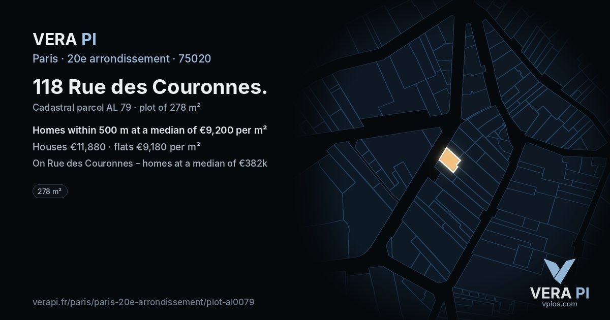 118 Rue des Couronnes, 20e arrondissement at night – the plot lit, the parcels around coloured by the prices near them