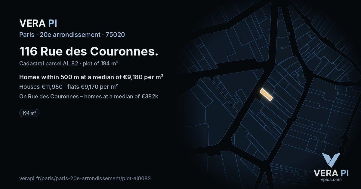 116 Rue des Couronnes, 20e arrondissement at night – the plot lit, the parcels around coloured by the prices near them