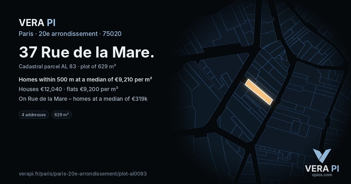37 Rue de la Mare, 20e arrondissement at night – the plot lit, the parcels around coloured by the prices near them
