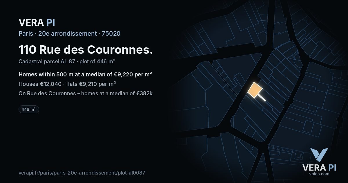 110 Rue des Couronnes, 20e arrondissement at night – the plot lit, the parcels around coloured by the prices near them