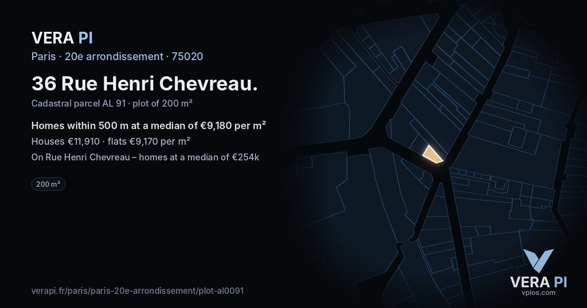 36 Rue Henri Chevreau, 20e arrondissement at night – the plot lit, the parcels around coloured by the prices near them