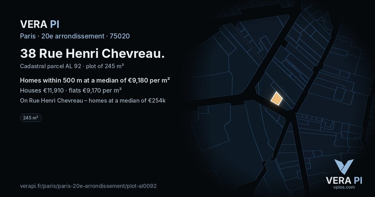 38 Rue Henri Chevreau, 20e arrondissement at night – the plot lit, the parcels around coloured by the prices near them