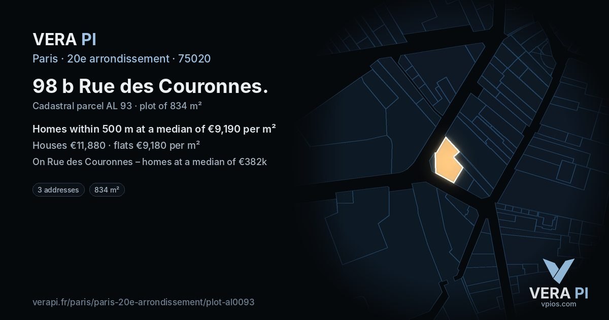 98 b Rue des Couronnes, 20e arrondissement at night – the plot lit, the parcels around coloured by the prices near them